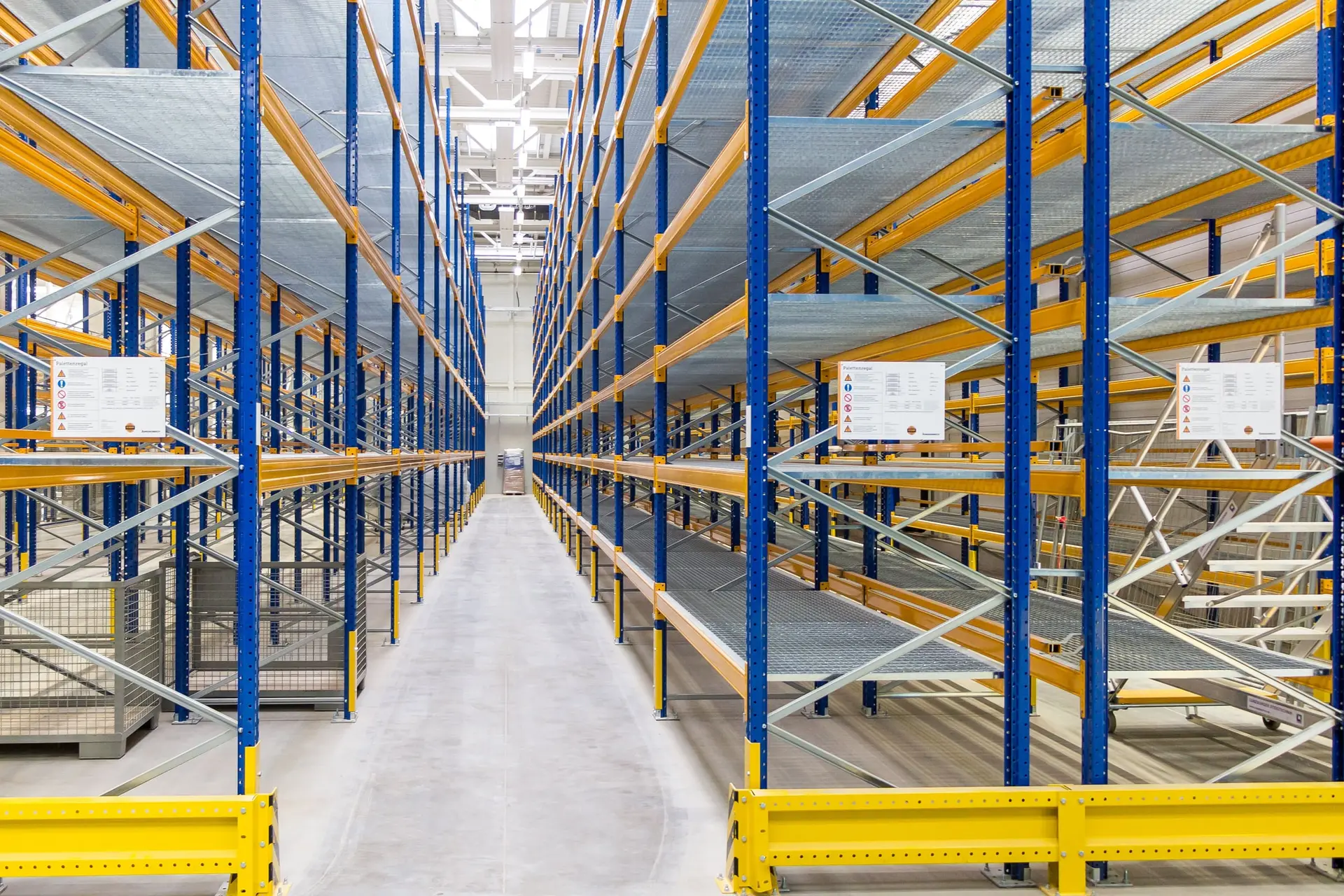 A long, bright warehouse aisle lined with tall blue and yellow pallet racking under a white roof.